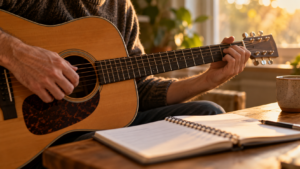Mains d’un adulte posées sur le manche d’une guitare, un cahier d’exercices à côté, en lumière de fin de journée