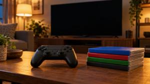 Une manette de console posée sur une table devant un téléviseur éteint, à côté de boîtiers de jeux empilés