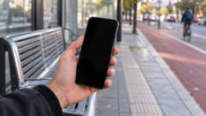 Une main tient un téléphone devant un abri de bus avec banc, au bord d’un trottoir où passe une bande cyclable.