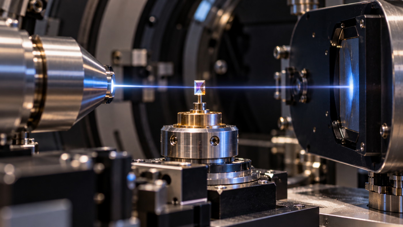 Un minuscule cristal monté sur un support, traversé par un fin faisceau de rayons X dans la cabine d’expérience d’un synchrotron