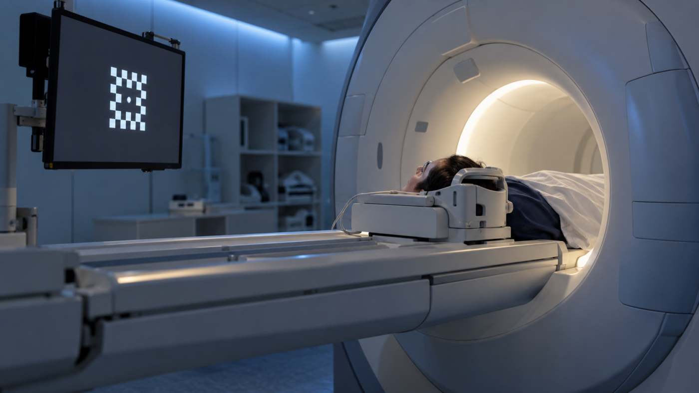 Un adulte allongé sur la table d’un scanner IRM, le regard tourné vers un écran de mire, dans une salle de neuro-imagerie.