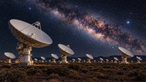 Des dizaines d’antennes paraboliques blanches pointées vers un ciel étoilé, dans une plaine semi-aride d’Afrique du Sud