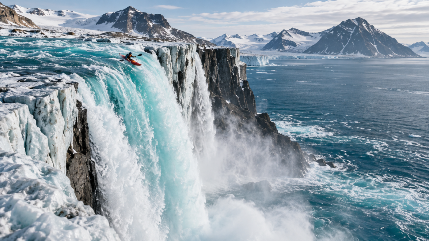 Un kayakiste vu de loin et de dos bascule dans une cascade d'eau turquoise qui tombe d'une haute falaise de glace vers la mer