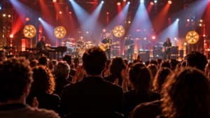Plateau d'émission musicale vu depuis le public, de dos, pendant un live sous les projecteurs