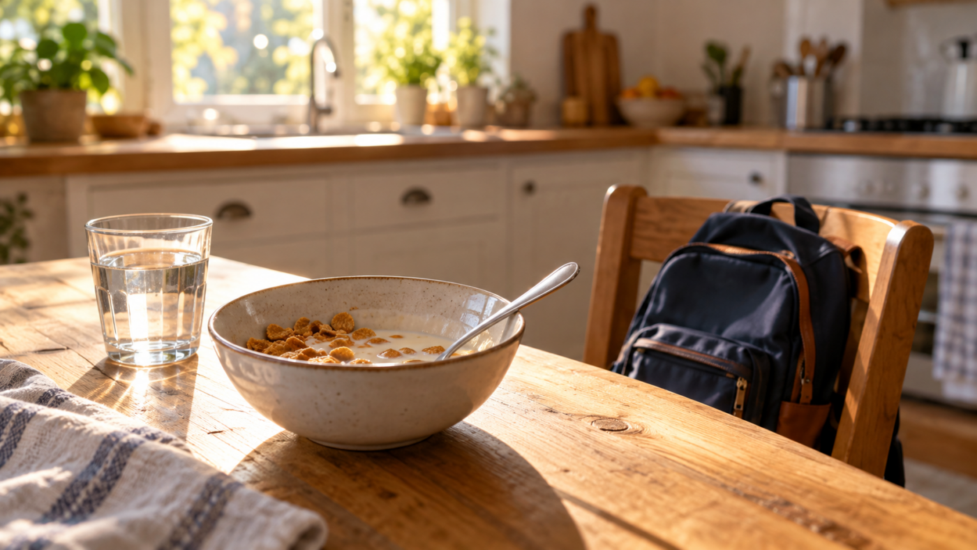 Un bol de céréales à peine entamé, un verre d’eau et un cartable posé sur une chaise, dans une cuisine au petit matin.