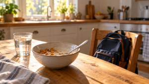 Un bol de céréales à peine entamé, un verre d’eau et un cartable posé sur une chaise, dans une cuisine au petit matin.