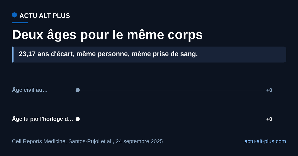 Sur le même échantillon de sang, l'horloge du calendrier et celle de l'ADN ribosomique sont séparées de 23,17 ans. La valeur épigénétique est déduite de l'écart publié et porte sur une seule personne : elle ne se généralise pas.
