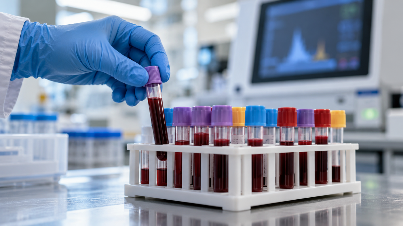Portoir de tubes de prélèvement sanguin sur une paillasse de laboratoire, main gantée posant un tube, écran d'analyse flou en arrière-plan.