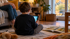 Un enfant vu de dos, assis sur un tapis avec une tablette, près d’un livre d’images ouvert et des mains d’un parent posées sur le canapé.