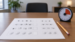 Feuille de test d’aptitude, crayon et minuteur posés sur une table de salle de recrutement