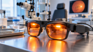 Lunettes de stimulation lumineuse posées sur la paillasse d’un service d’ophtalmologie, une lueur orange dans les verres