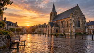 Place déserte d’un village normand à l’aube, église de silex et de brique, banc de bois vide sur des pavés mouillés.