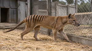 Enclos grillagé d’un zoo des années 1930, un marsupial rayé longe la clôture sur la paille