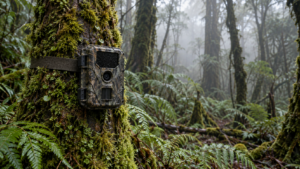 Un piège photo fixé à un tronc moussu dans la forêt brumeuse du sud-ouest de la Tasmanie, sans aucun animal dans le champ