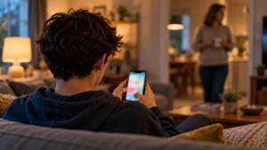 Mains d'un adolescent tenant un smartphone sur un canapé le soir, un adulte flou à l'arrière-plan