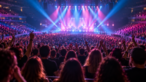Une salle de concert comble vue depuis les gradins, projecteurs bleus et roses braqués sur la scène