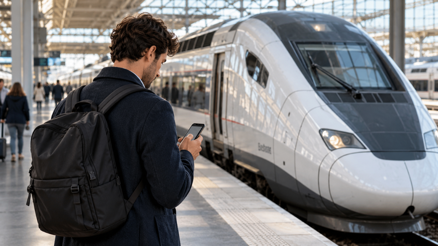 Sur un quai de gare, un voyageur consulte son téléphone devant un TGV à l'arrêt