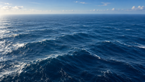 Vue aérienne de la pleine mer, houle longue et horizon vide, aucune côte ni navire en vue.