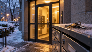 Entrée d’immeuble d’habitation un soir d’hiver, porte vitrée éclairée et clés posées sur une boîte aux lettres