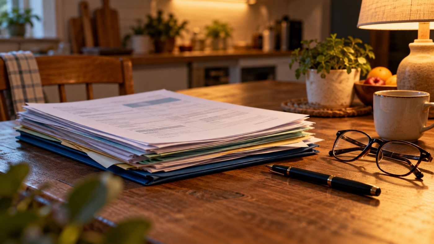 Dossier papier, stylo et lunettes de lecture posés sur une table de cuisine éclairée par une lampe.