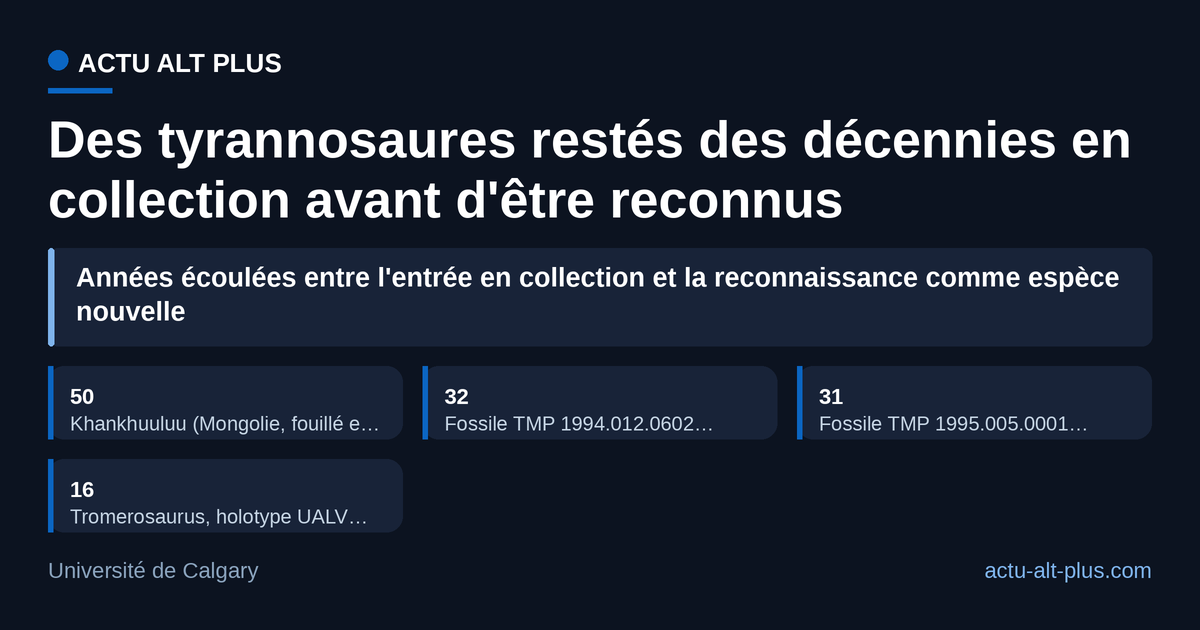 Khankhuuluu a attendu une cinquantaine d'années ; deux fossiles de Tromerosaurus, plus de trente ans sous le nom de Gorgosaurus (écarts recalculés par nos soins).