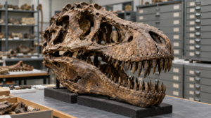 Crâne fossile de tyrannosaure posé sur une table de laboratoire, devant des tiroirs de collection