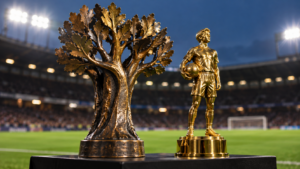 Une sculpture en bronze en forme d’arbre et une statuette dorée posées côte à côte, devant un terrain de football éclairé.