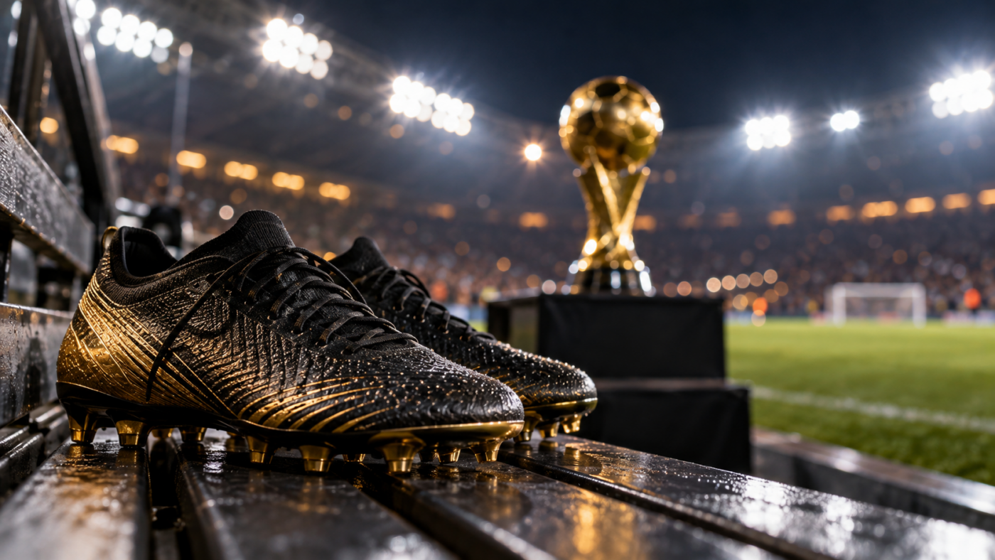 Des crampons posés sur un banc de stade, un trophée doré flou à l'arrière-plan sous les projecteurs