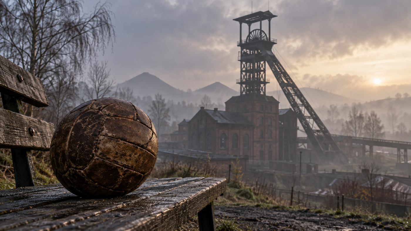Un chevalement de mine dans la brume du Pas-de-Calais, un vieux ballon de football en cuir posé sur un banc de bois