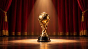Un petit trophée doré posé sur une scène de théâtre, sous un projecteur, rideau rouge en arrière-plan.