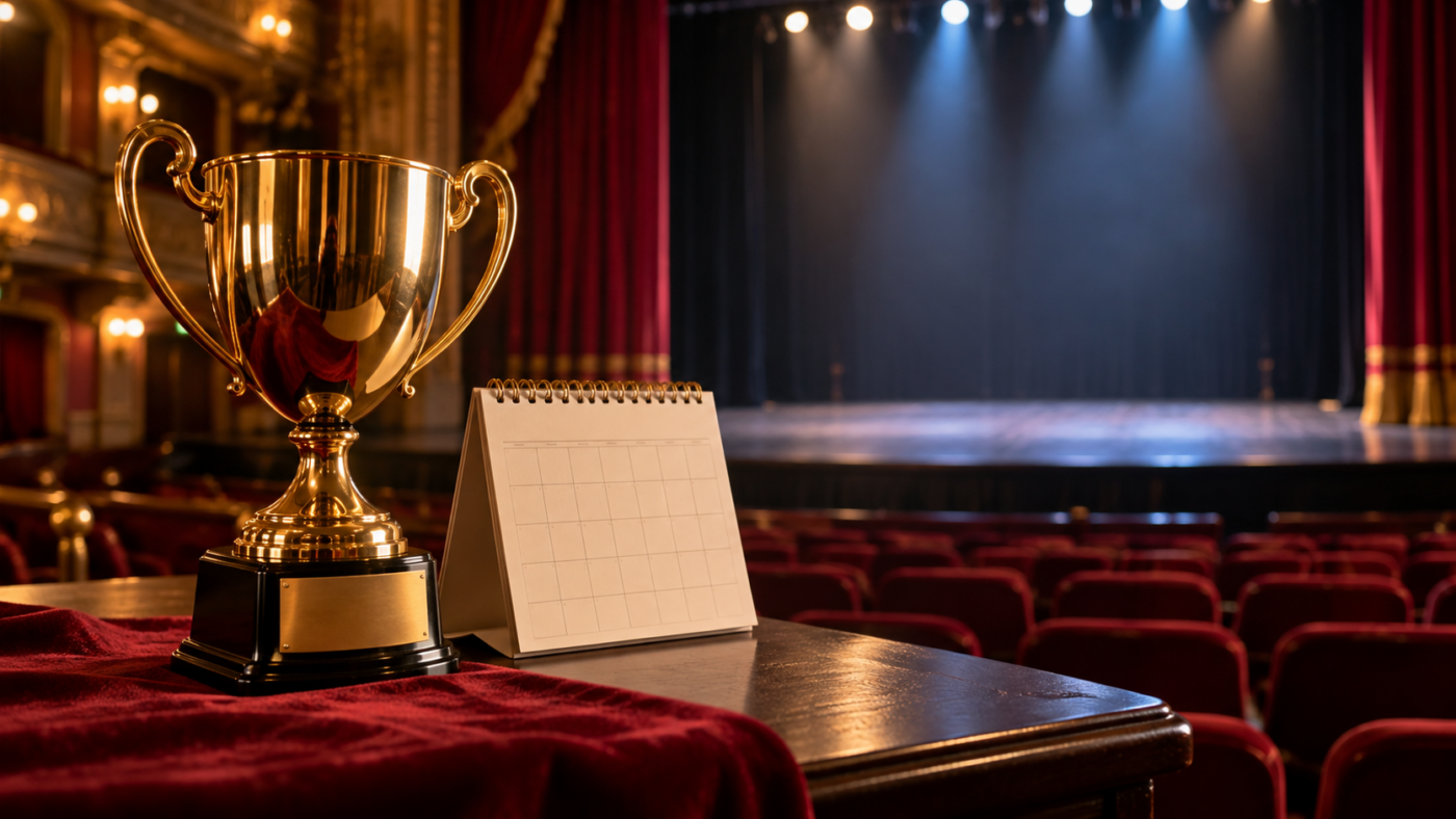 Un trophée doré posé sur une table au bord d’une scène de théâtre vide, à côté d’un calendrier de bureau