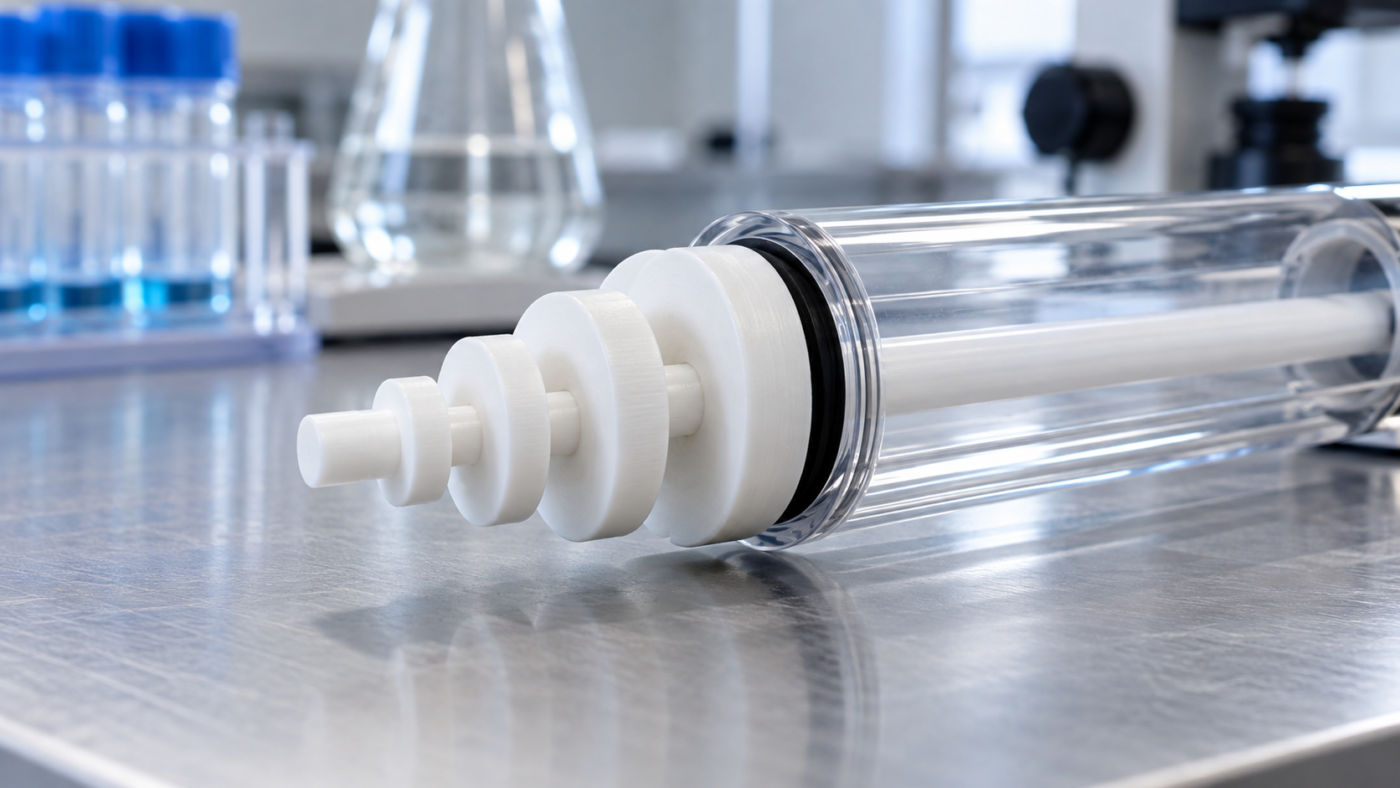 Un insert blanc imprimé en 3D, fait d'anneaux de tailles croissantes sur une tige, glissé au bout d'un tube transparent de laboratoire.