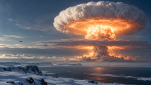 Champignon atomique géant au-dessus d'une côte arctique enneigée, un bombardier minuscule s'éloignant à l'horizon