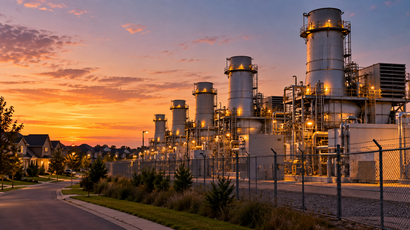 Rangée de turbines à gaz industrielles derrière une clôture grillagée, en bordure d’un quartier pavillonnaire, au crépuscule.