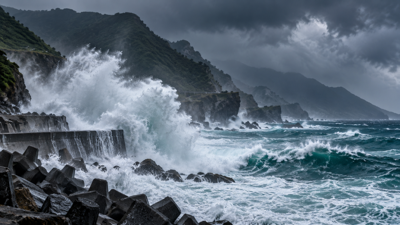 Vagues géantes contre une digue sur une côte montagneuse sous un ciel de typhon