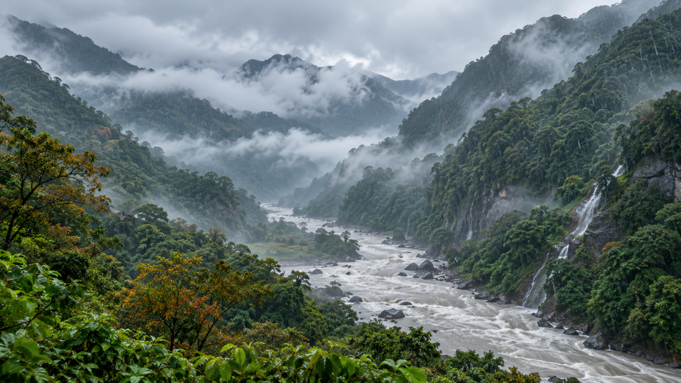 Montagnes boisées du nord-est de Taïwan sous une pluie d’automne, nuages bas et rivière en crue dans la vallée