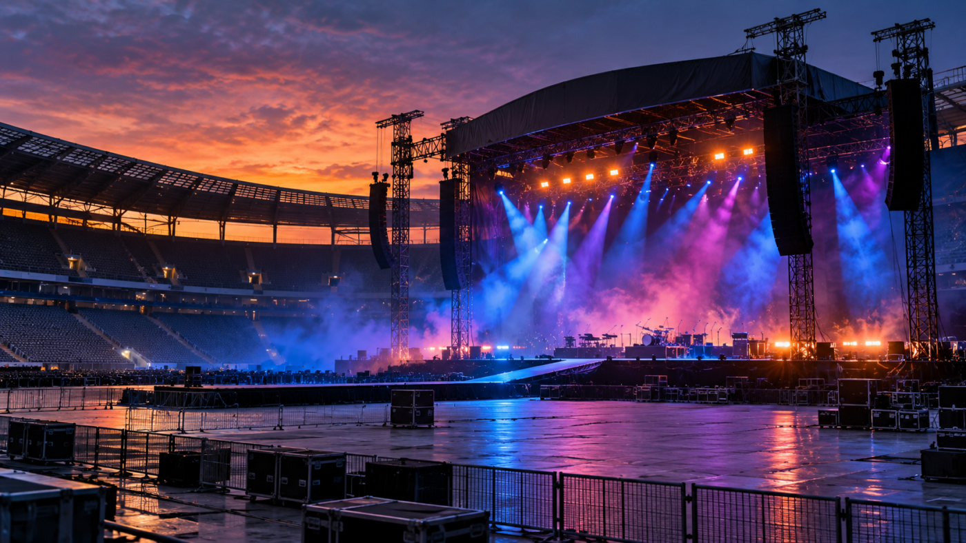 Une scène de stade vide au crépuscule, projecteurs colorés en test avant un concert