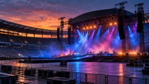 Une scène de stade vide au crépuscule, projecteurs colorés en test avant un concert