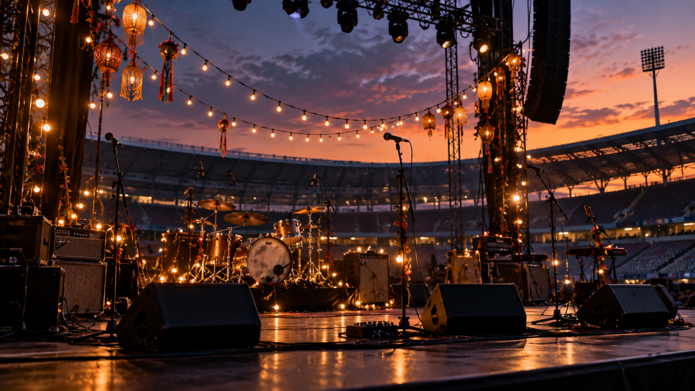 Une scène de stade vide au crépuscule, décorée de guirlandes lumineuses de carnaval au-dessus des micros et d’une batterie