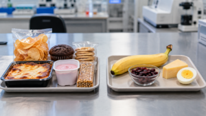Deux plateaux-repas côte à côte sur une table de laboratoire, l'un composé de produits industriels, l'autre de banane, cranberries, fromage et œuf dur