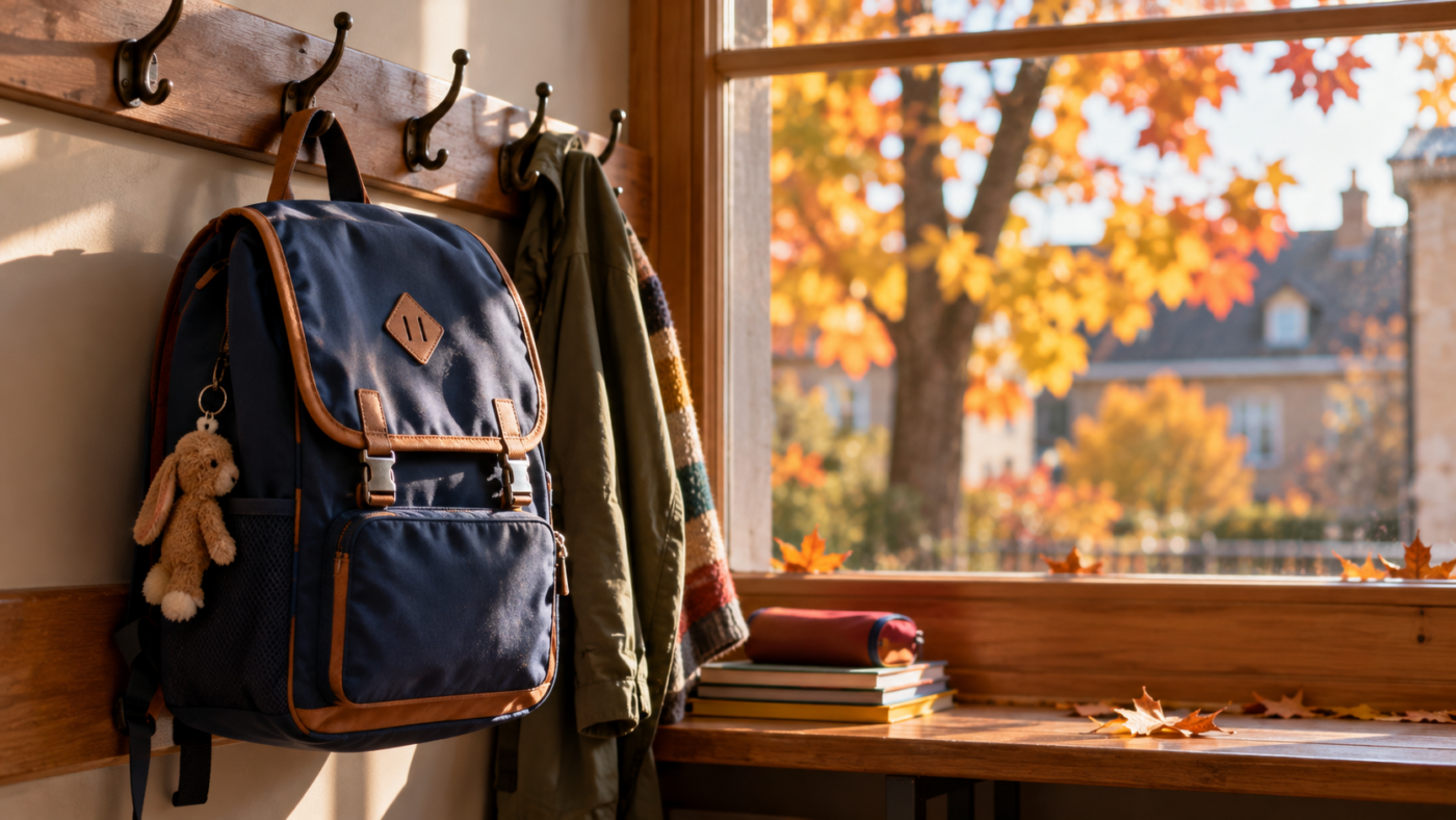 Un cartable d’enfant accroché à une patère près d’une fenêtre, feuillage d’automne orangé à l’extérieur