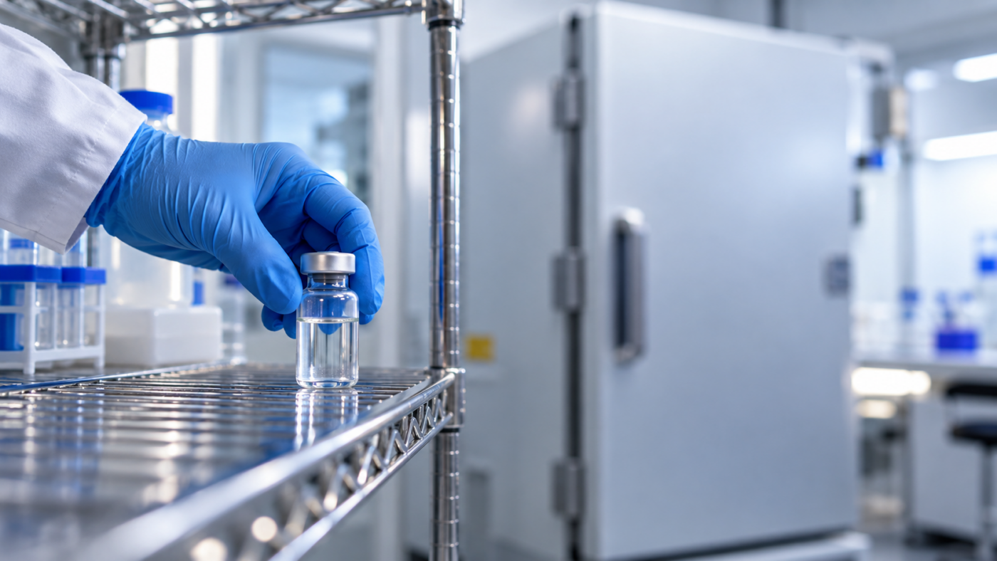 Une main gantée pose un petit flacon scellé sur une étagère métallique de laboratoire, la porte fermée d’un congélateur en arrière-plan flou.
