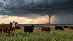 Vaches dans un pré plat du Midwest, un étroit entonnoir de tornade touchant le sol à l’horizon sous un ciel sombre