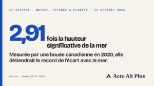 Une vague isolée et abrupte se dresse au-dessus d'une houle de tempête grise, une petite bouée jaune de mesure au premier plan.