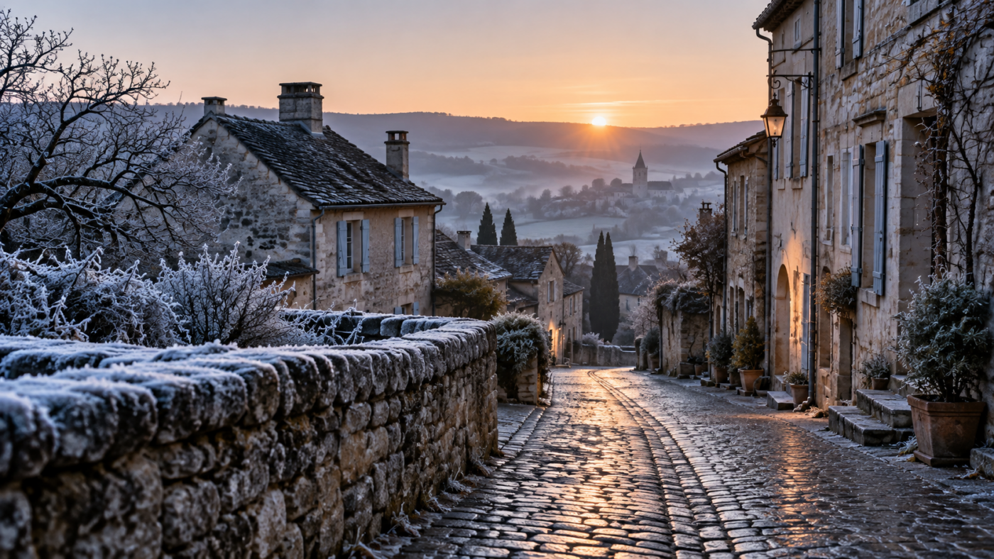 Rue de village française à l'aube en hiver, pavés mouillés sans neige et gelée blanche sur un muret de pierre.