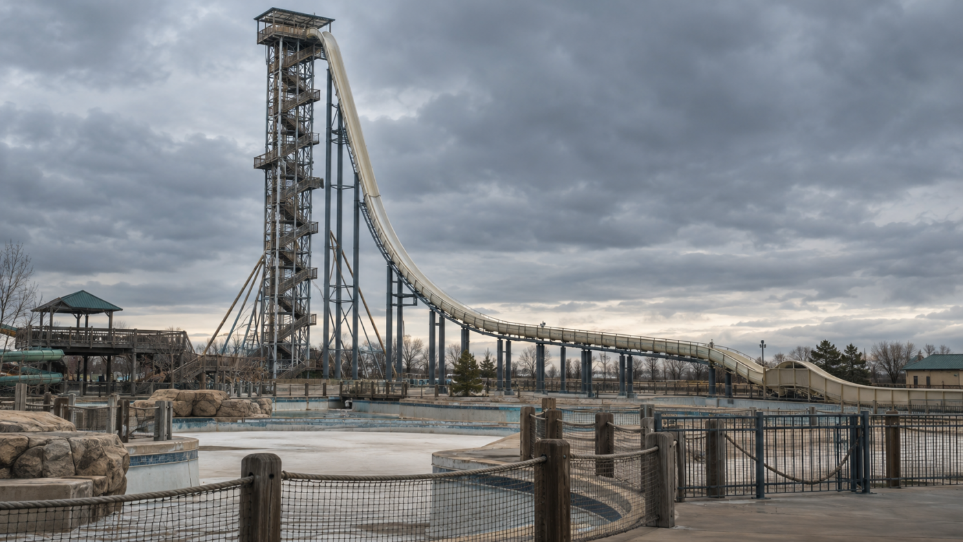 Tour de toboggan aquatique géante dans un parc fermé, sous un ciel gris
