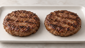 Deux galettes de burger identiques posées côte à côte sur un plateau clair, sans marque ni étiquette lisible.