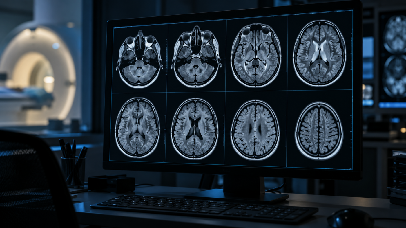 Coupes d'IRM cérébrale affichées sur l'écran d'une station de radiologie, dans une salle de lecture sombre.