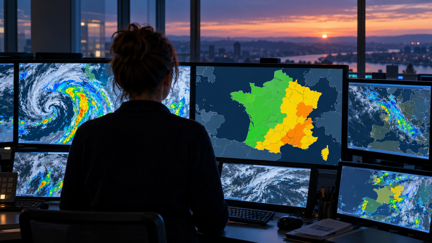 Salle de prévision météo à l’aube, un prévisionniste vu de dos devant des écrans de radar et une carte de France colorée en vert, jaune et orange