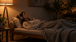 Une personne allongée sur une banquette, les yeux fermés, dans une petite pièce faiblement éclairée par une lampe d’angle.